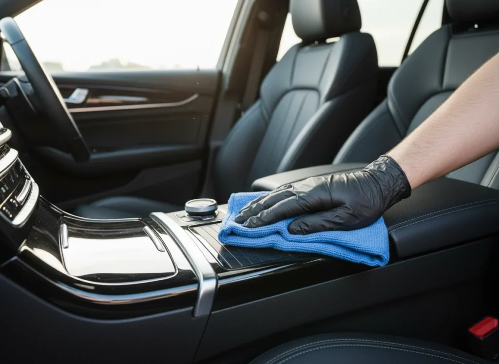 Car interior being cleaned during a mobile car detail